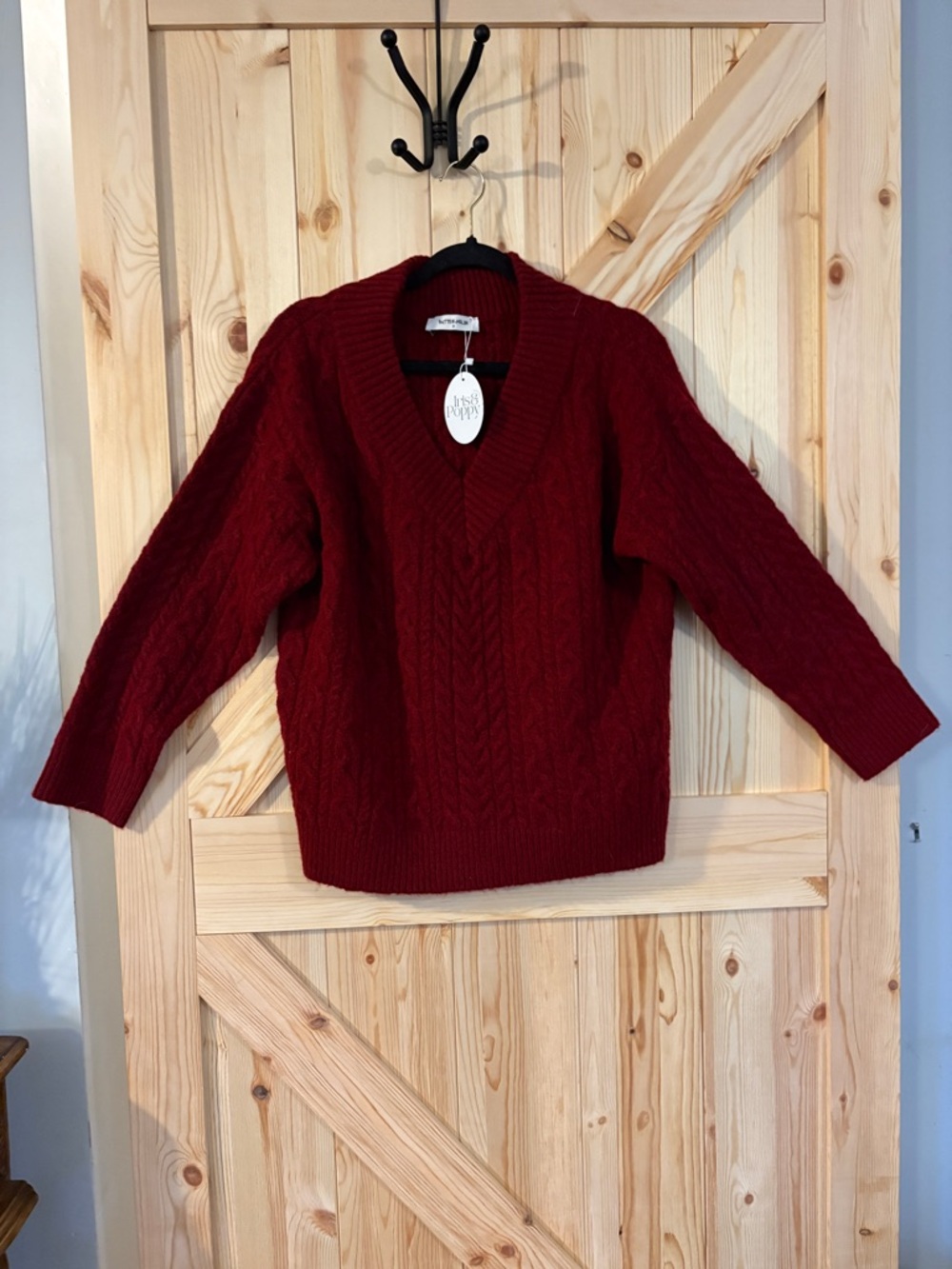 Butter Melon Deep Wine Cable Knit Sweater V Neck Cozy Knit Top Small